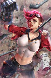  1girl absurdres arcane:_league_of_legends bangs bearwitch belt blurry blurry_background cowboy_shot gauntlets goggles goggles_on_head highres jacket league_of_legends navel pants parted_lips pink_hair red_jacket redhead shiny shiny_skin shirt short_hair short_sleeves single_gauntlet solo teeth torn_clothes torn_shirt vi_(league_of_legends) white_shirt 