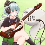  1girl alternate_costume amplifier bass_guitar cable casual crossed_legs green_background green_eyes hair_ribbon headphones instrument konpaku_youmu konpaku_youmu_(ghost) plug ribbon short_hair silver_hair simple_background switch touhou yume_giwa 