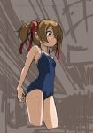  1girl bare_shoulders breasts brown_hair collarbone hair_ribbon red_eyes ribbon rohitsuka school_swimsuit shiny shiny_hair silica sketch smile solo swimsuit sword_art_online twintails wet 