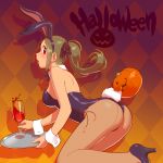  1girl ass bowtie brown_hair bunny_tail bunnysuit detached_collar fishnet_pantyhose fishnets fukusuke_hachi-gou goblet halloween highres jack-o&#039;-lantern long_hair original pantyhose ponytail red_eyes revision tail tray wrist_cuffs 