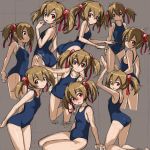  1girl ass bare_shoulders blush brown_hair character_sheet collarbone dated hair_ribbon leg_up looking_at_viewer looking_back partially_submerged red_eyes ribbon rohitsuka school_swimsuit silica sketch smile swimsuit sword_art_online twintails wading water 