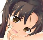  1girl ayanami_(kantai_collection) blush brown_eyes brown_hair commentary face highres into-rain kantai_collection looking_at_viewer open_mouth solo whispering white_background 