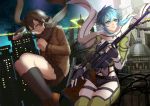  2girls anti-materiel_rifle aqua_eyes aqua_hair asada_shino black_hair blue_eyes blue_hair cityscape closed_eyes dual_persona fingerless_gloves gloves gun head-mounted_display liuruoyu8888 multiple_girls rifle scarf school_uniform shinon_(sao) short_hair sniper_rifle sniper_scope sword_art_online weapon 