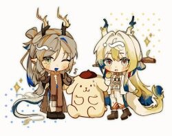  1boy 1girl :d animal ankle_boots arknights beret blonde_hair blue_hair blush blush_stickers boots brown_footwear brown_robe chibi chibi_only chinese_clothes chinese_commentary commentary_request dragon_girl dragon_horns dragon_tail earrings flying_sweatdrops full_body green_eyes grey_eyes grey_hair hand_up hands_up hat highres horns jacket jewelry long_hair long_sleeves looking_at_viewer mole mole_under_eye multicolored_hair one_eye_closed open_mouth pants pointy_ears red_hat red_pupils robe shu_(arknights) simple_background smile sparkle standing streaked_hair sweatdrop tail very_long_hair weiguang651 white_background white_hair white_jacket white_pants zhi_(arknights) 