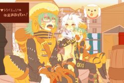  .hack// .hack//g.u. .hack//games 3boys animal_collar aqua_hair arm_belt azure_kite belt belt_collar black_belt brown_belt brown_gloves chest_belt chest_tattoo closed_eyes collar commentary_request dog eku1547 eyeliner facial_tattoo fountain gloves green_eyes hand_fan haseo_(.hack//) hat holding_kite hot leg_belt makeup male_focus multiple_belts multiple_boys open_mouth orange_hat partially_shaded_face patchwork_clothes red_eyeliner red_eyes sharp_teeth sitting sound_effects stitched_pants stitched_sleeves stomach_tattoo tattoo teeth thought_bubble tongue tongue_out translation_request white_hair 
