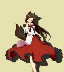  1girl animal_ears bare_shoulders breasts brooch brown_hair cleavage collarbone dress fang fingernails highres imaizumi_kagerou jewelry long_hair looking_at_viewer red_eyes shadow simple_background solo tail touhou wolf_ears wolf_tail 