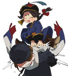  2girls black_coat blue_dress boots braid brown_footwear brown_hair carrying carrying_person coat deel dress fur_hat hat highres long_sleeves mongolia_(nanimonothing) mongolian_clothes multiple_girls nanimonothing original piggyback pointed_footwear russia_(nanimonothing) russian_flag_print scarf single_braid soyombo soyombo_earrings toortsog white_background 