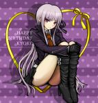  1girl boots braid character_name dangan_ronpa gloves hair_ribbon happy_birthday jacket kirigiri_kyouko long_hair necktie official_style purple_hair ribbon single_braid skirt smile solo violet_eyes 