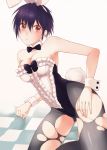  1girl absurdres animal_ears black_legwear breasts bunny_tail bunnysuit checkered checkered_floor cleavage detached_collar fake_animal_ears gumyy highres nisekoi pantyhose purple_hair rabbit_ears red_eyes tail torn_clothes torn_pantyhose tsugumi_seishirou wrist_cuffs 