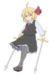  1girl blonde_hair blouse dual_wielding fang_out frilled_skirt frills hair_ribbon mousou necktie red_eyes ribbon rumia short_hair skirt smile sword touhou vest weapon 