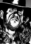  1boy black_hair close-up facial_hair goatee hat highres long_hair looking_at_viewer monochrome solo the_undertaker wwe 