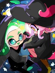  1boy 1girl :d black_hat blue_background blush bright_pupils commentary eye_contact eyelashes glowing green_eyes green_hair hat highres inkling inkling_boy inkling_player_character looking_at_another medium_hair octoling octoling_girl octoling_player_character open_mouth pink_hair smile splatoon_(series) splatoon_3 star_(symbol) symbol-only_commentary tentacle_hair white_pupils witch_hat yellow_eyes yoshishi_(yosisitoho) 