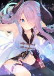  1girl armpits bare_shoulders belt belt_buckle black_gloves black_legwear blue_eyes blush breasts buckle butterfly cleavage collarbone gloves glowing_butterfly gluteal_fold granblue_fantasy hair_ornament hair_over_one_eye hairclip holding horns large_breasts leaning_forward looking_at_viewer narumeia_(granblue_fantasy) outstretched_arm parted_lips pink_hair pointy_ears sheath single_thighhigh sleeveless solo tatami_to_hinoki thigh-highs thigh_strap 