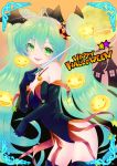  1girl ahoge alternate_costume bare_shoulders black_gloves elbow_gloves fang full_moon gloves green_eyes green_hair halloween happy_halloween hatsune_miku highres jack-o&#039;-lantern kyo_(kyo21413) long_hair looking_at_viewer moon pumpkin smile solo thigh-highs twintails very_long_hair vocaloid 