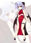  1girl akisome_hatsuka alternate_costume arm_at_side bare_shoulders bat_wings china_dress chinese_clothes double_bun dress floral_print lavender_hair looking_at_viewer open_mouth pointy_ears red_dress red_eyes remilia_scarlet short_hair side_slit solo touhou wings 