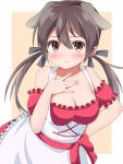  1girl :t animal_ears bare_shoulders blush bow breasts brown_eyes brown_hair cleavage collarbone detached_sleeves dirndl dog_ears dress frills german_clothes gertrud_barkhorn hair_ribbon hand_on_own_chest long_hair looking_at_viewer ribbon shiromisoaji solo strike_witches twintails 