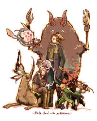  1boy 1girl 2009 boots bowl bowl_hat braid braided_ponytail brown_hair bug-a-boo_(folksoul) cait_sidhe_(folkssoul) closed_eyes coat ellen_(folkssoul) facial_hair fairy_wings folkssoul fur-trimmed_hood fur_trim glasses green_footwear green_necktie hands_in_pockets hat highres hinky_punk_(folkssoul) hood horns jacket keats_(folkssoul) killmoulis_(folksoul) light_smile milligram mustache necktie pencil_mustache pointy_footwear pouke_(folksoul) purple_coat red_skirt skirt sweater turtleneck turtleneck_sweater wings 