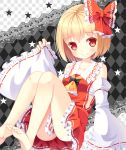  1girl ascot bare_shoulders barefoot blonde_hair bow collarbone detached_sleeves hair_bow hakurei_reimu hakurei_reimu_(cosplay) hazakura_satsuki highres long_sleeves red_eyes rumia sarashi shirt side_slit skirt skirt_set smile solo star touhou upskirt wide_sleeves 