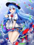  1girl blue_hair food fruit hat highres hinanawi_tenshi long_hair open_mouth peach petals red_eyes sash skirt_hold solo touhou very_long_hair wind ymd_(artist) 