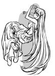  1boy 1girl arms_around_neck artist_name bangs barefoot breasts carrying dated dress glasses jpeg_artifacts long_dress long_hair looking_at_viewer mariel_cartwright monochrome original princess_carry simple_background sketch solo_focus very_long_hair white_background 