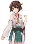  1girl blue_eyes brown_hair collarbone cowboy_shot detached_sleeves headgear hiei_(kantai_collection) kantai_collection looking_at_viewer nontraditional_miko remiria100 short_hair skirt smile solo white_background 