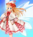  1girl absurdres blonde_hair blue_eyes bow dress frilled_dress frills hat hat_bow highres lily_white long_hair miutolily touhou wings 