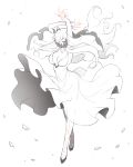  1girl arms_up breasts cleavage dress full_body horns kantai_collection lao_meng large_breasts long_hair long_sleeves midway_hime orange_eyes shinkaisei-kan simple_background solo spikes veins very_long_hair white_background white_dress white_hair white_skin 