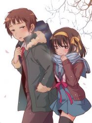  1boy 1girl bag bare_tree blue_sailor_collar blue_scarf blue_skirt blush brown_cardigan brown_eyes brown_hair brown_pants brown_sweater_vest cardigan closed_mouth coat collared_shirt commentary_request green_coat hair_ribbon hairband hand_in_pocket highres holding holding_bag kita_high_school_uniform kyon long_sleeves looking_at_another looking_to_the_side medium_hair open_cardigan open_clothes open_coat pants ribbon sailor_collar scarf school_bag school_uniform serafuku shirt short_hair simple_background skirt standing striped_clothes striped_scarf suzumiya_haruhi suzumiya_haruhi_no_yuuutsu sweater_vest taiki_(6240taiki) tree walking white_background white_shirt winter_uniform yellow_hairband yellow_ribbon 