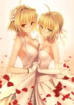  2girls ahoge arcueid_brunestud bare_shoulders blonde_hair blush bow breasts choker cleavage collarbone dress elbow_gloves fate/stay_night fate_(series) gloves green_eyes hair_bow highres holding_hands large_breasts multiple_girls parted_lips petals red_eyes saber short_hair smile tsukihime yangsion 