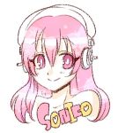  1girl blush character_name headphones ichi/mine long_hair looking_at_viewer lowres nitroplus pink_eyes pink_hair smile solo super_sonico 
