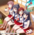  4girls :o ^_^ agano_(kantai_collection) aqua_eyes bare_legs barefoot basin black_hair blurry blush braid breasts brown_hair cat closed_eyes depth_of_field eating food fruit kantai_collection katori_buta multiple_girls noshiro_(kantai_collection) open_mouth ponytail porch red_eyes sakawa_(kantai_collection) school_uniform serafuku sitting skirt sleeveless soaking_feet watermelon wind_chime yahagi_(kantai_collection) yellow_eyes yunkel_(zeijaku_mental) 