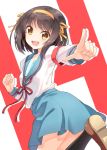  1girl :d armband blush brown_eyes brown_hair hairband hyuuga_azuri leg_up open_mouth pointing pointing_at_viewer school_uniform short_hair skirt smile solo suzumiya_haruhi suzumiya_haruhi_no_yuuutsu 