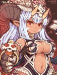  1girl blush breasts claws cleavage dark_skin facial_mark horns large_breasts long_hair long_pointy_ears looking_at_viewer navel original pointy_ears red_eyes shigatake silver_hair solo 