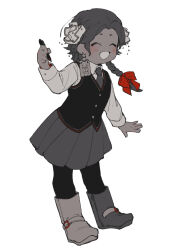  1girl boots braid full_body highres long_sleeves mongolia mongolia_(nanimonothing) nanimonothing necktie original pleated_skirt pointed_footwear school_uniform skirt solo soyombo soyombo_earrings spot_color twin_braids vest white_background 