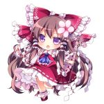  1girl ascot bow brown_hair chibi flower gohei hair_bow hair_flower hair_ornament hair_tubes hakurei_reimu highres mikazuki_sara open_mouth shirt skirt skirt_set solo spell_card touhou violet_eyes 