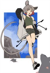  1girl alternate_costume animal_ears arm_behind_head black_sleeves blue_sky brown_eyes clouds cloudy_sky crop_top dowsing_rod green_tank_top grey_footwear grey_hair grey_jacket grey_shorts highres iroiro_yaru_hito jacket mouse_(animal) mouse_ears mouse_girl mouse_tail nazrin open_mouth outdoors parted_bangs removing_jacket rock running shoes short_shorts shorts sky sneakers tail tank_top touhou very_long_tail 