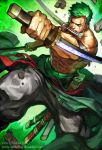  1boy abs armband baggy_pants clothes_around_waist earrings fighting_stance green_hair james_ghio jewelry manly mouth_hold muscle one_eye_closed one_piece pants reverse_grip roronoa_zoro scabbard scar scar_across_eye sheath shirtless short_hair solo stitches triple_wielding watermark 