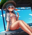  1girl beach bikini blue_sky clouds cup drink drinking drinking_straw front-tie_top grey_hair hat hut legs long_hair mountain noconol open_clothes open_shirt orange_eyes original pointy_ears sitting sky slit_pupils small_breasts solo straw_hat swimsuit table 