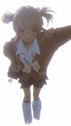  1girl bag black_nails blue_eyes bow bowtie brown_bow brown_bowtie brown_hair brown_skirt cardigan collared_shirt commentary gyaru hair_ornament hairclip highres leg_warmers looking_at_viewer nail_polish orange_cardigan original plaid_clothes plaid_skirt school_bag school_uniform shirt simple_background skirt solo symbol-only_commentary two_side_up v_over_eye wang-xi white_background white_leg_warmers white_shirt 