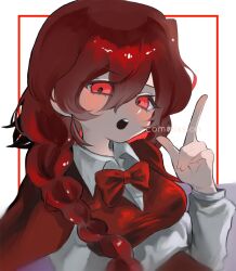  1girl :o arm_under_breasts blush bow bowtie braid breasts capelet collared_shirt haniwa_kue highres long_hair long_sleeves looking_at_viewer medium_breasts okazaki_yumemi pointing pointing_up puffy_sleeves red_bow red_bowtie red_capelet red_ribbon red_skirt red_vest redhead ribbon shirt skirt solo touhou touhou_(pc-98) upper_body very_long_hair vest white_background white_shirt 