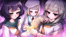  3girls absurdres araga_kiwi blonde_hair blue_dress blush breasts brown_sweater closed_mouth dress eyebrows_hidden_by_hair flat_chest glowing hair_between_eyes hat highres hiiragi_utena holding large_breasts lips long_hair looking_at_viewer mahou_shoujo_ni_akogarete marutenmaruten medium_hair morino_korisu multiple_girls open_mouth purple_hair red_eyes school_uniform shirt smile smirk sweater teeth upper_body very_long_hair violet_eyes white_hat white_shirt yellow_eyes 