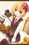  1girl blonde_hair coffee_mug cookie eating food hair_ribbon long_sleeves minigirl open_mouth plate red_eyes ribbon rumia shirt sitting skirt skirt_set solo touhou vest yuuhagi_(amaretto-no-natsu) 