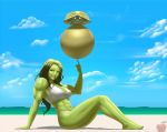  1girl abs balancing ball barefoot beach beachball bikini blue_sky breasts green_eyes green_hair green_skin long_hair lvl_(sentrythe2310) marvel muscle she-hulk sky smile solo swimsuit turtle 