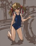  1girl bare_shoulders brown_hair collarbone hair_ribbon kneeling red_eyes ribbon rohitsuka school_swimsuit shiny shiny_hair silica sketch smile solo swimsuit sword_art_online twintails 