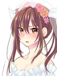  1girl bare_shoulders blush breasts bridal_veil brown_eyes brown_hair cleavage commentary_request dress flower hair_flower hair_ornament kantai_collection long_hair looking_at_viewer portrait solo strapless_dress tone_(kantai_collection) twintails veil wedding_dress yami_(m31) 