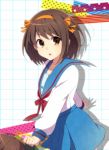  1girl brown_eyes brown_hair hairband school_uniform serafuku short_hair suzumiya_haruhi suzumiya_haruhi_no_yuuutsu yukichi_(eikichi) 