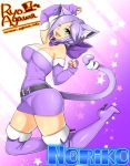  1girl :d agawa_ryou animal_ears aqua_eyes artist_name bare_shoulders belt boots breasts cat_ears cat_tail cleavage clenched_hand curvy detached_sleeves hair_over_one_eye heart high_heel_boots high_heels large_breasts one_eye_closed open_mouth original purple_hair short_hair smile solo tail thigh-highs thigh_boots thighs tight_dress watermark 