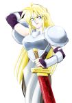  1girl amakasu arm_behind_head armor blonde_hair blue_eyes breastplate breasts bridal_gauntlets corset elbow_gloves gloves janne_d&#039;arc lipstick long_hair makeup pantyhose pauldrons sheath sheathed smile solo standing sword tabard vambraces weapon world_heroes 