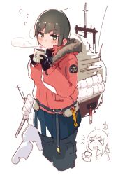  >_< 1girl absurdres anchor_symbol belt black_gloves black_pants blue_skirt blush breath brown_hair burnt_tongue chibi chibi_inset commentary cowboy_shot cup flying_sweatdrops fubuki_(kancolle) fur-trimmed_jacket fur_trim gloves green_eyes highres holding holding_cup hood hood_down hooded_jacket hot_chocolate jacket kantai_collection looking_at_viewer low_ponytail ma_rukan mast mug pants pants_under_skirt pleated_skirt red_jacket rigging sidelocks signature simple_background skirt solo standing symbol-only_commentary turret white_background winter_clothes 