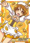  1girl :d apron arms_up bowtie brown_eyes brown_hair candy frills happinesscharge_precure! hat juliet_sleeves katsuma_rei long_sleeves oomori_yuuko open_mouth orange_background polka_dot polka_dot_background precure puffy_sleeves short_hair skirt smile solo yellow_skirt 